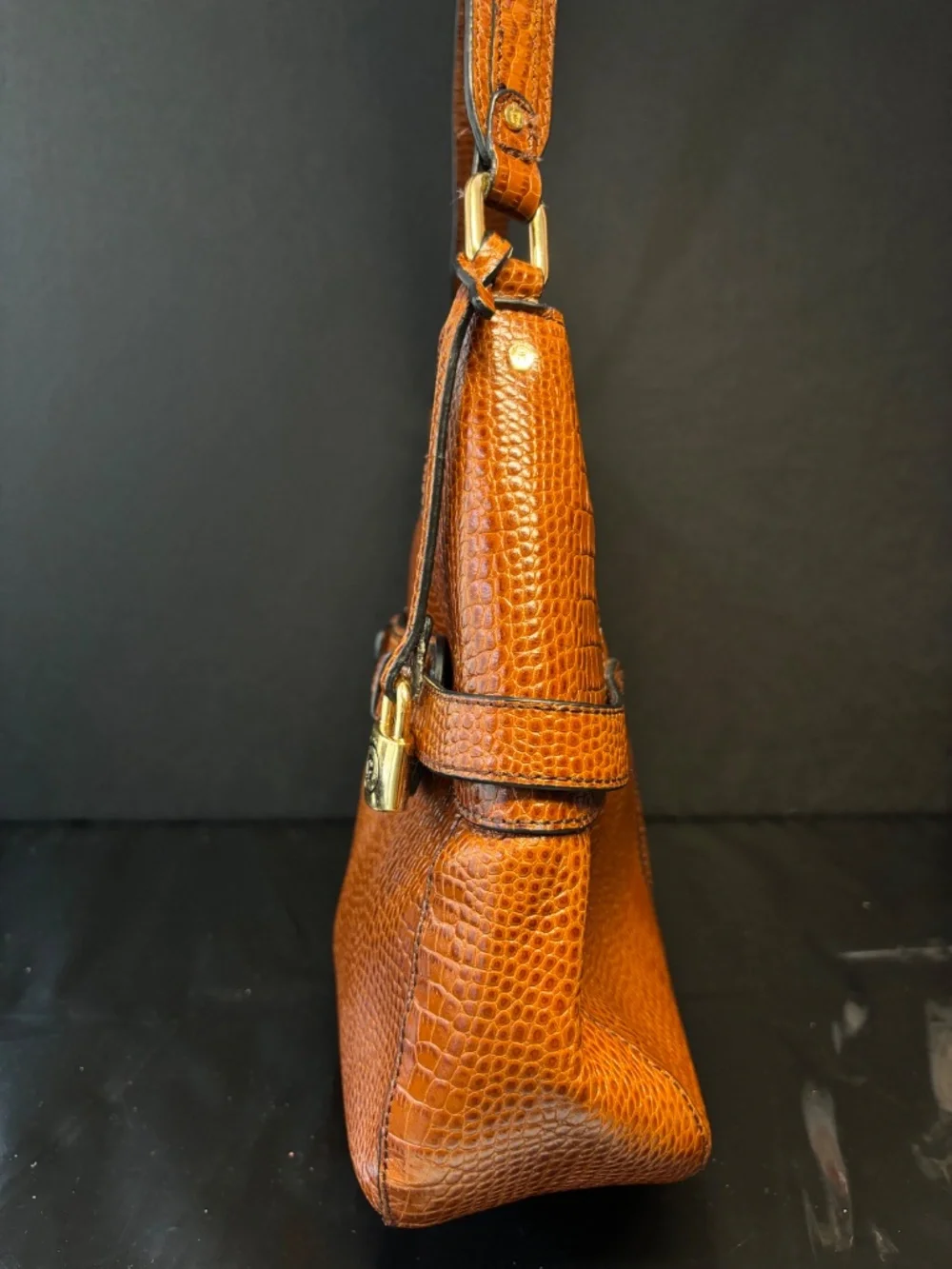 Etienne Aigner Brown Embossed Leather Shoulder Bag Croc Texture Classic Hobo
